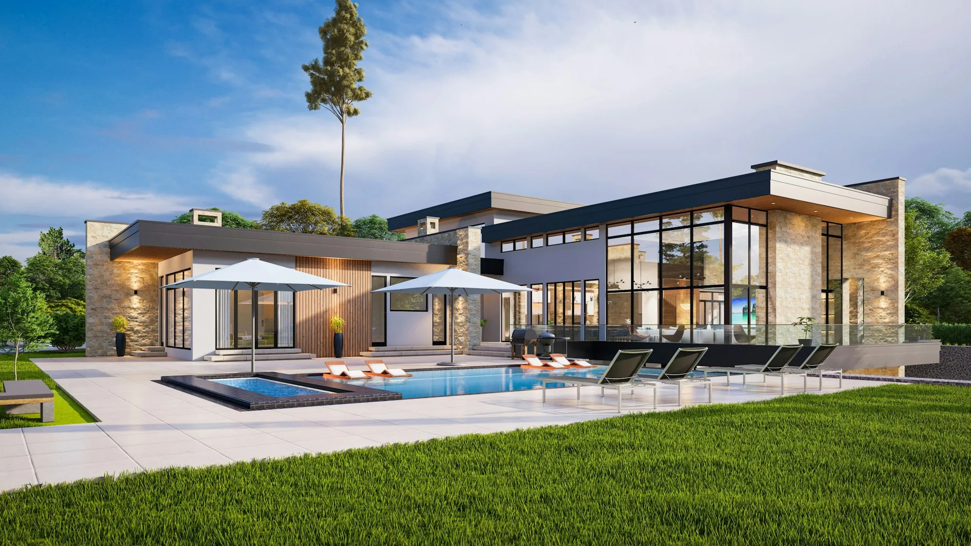 A contemporary coastal residence with a pool and open terrace, of the kind served across Orange County.