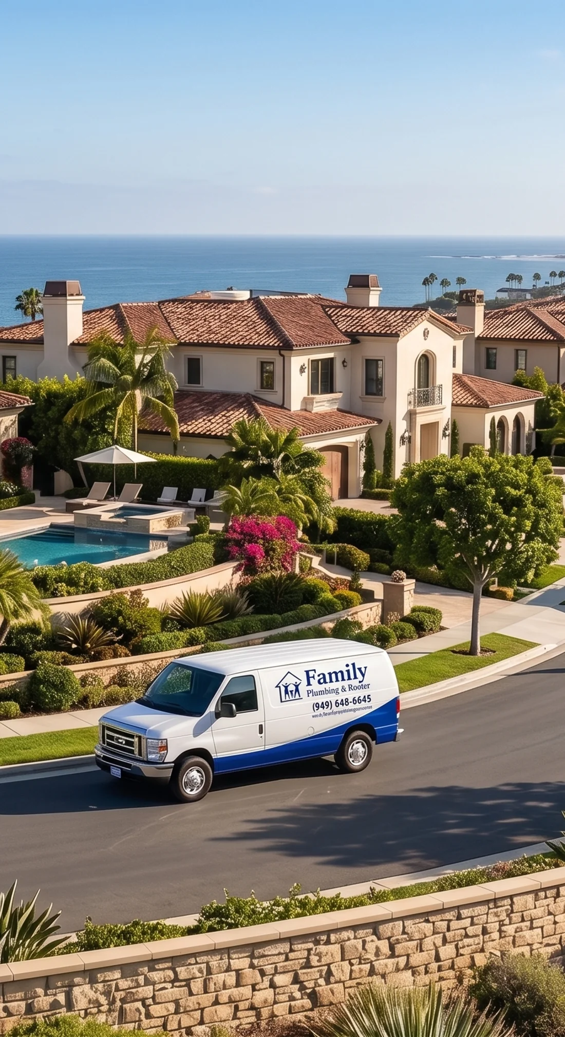 A Family Plumbing & Rooter service van on a residential street above a coastal Orange County estate and the ocean beyond.