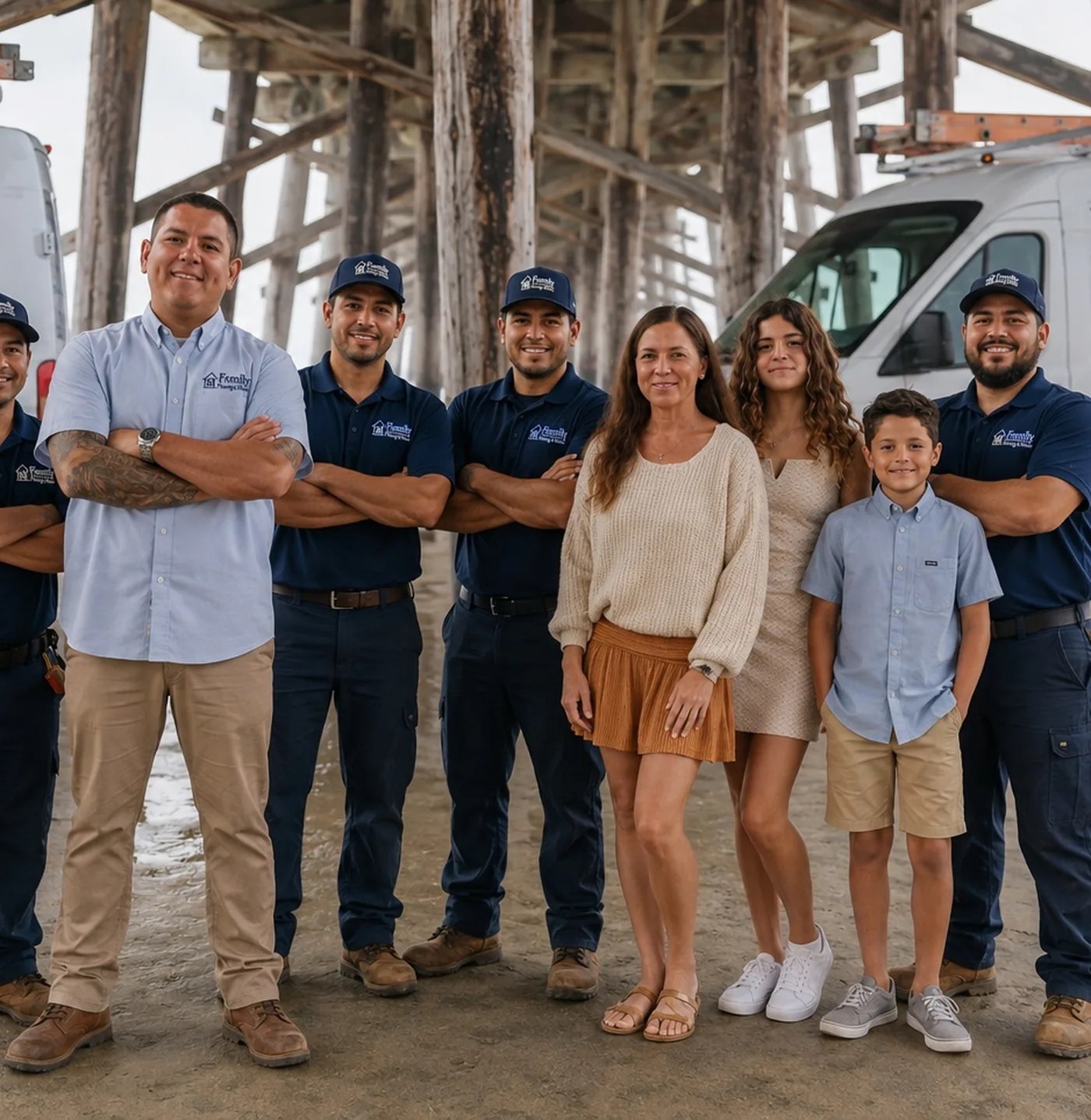 The Family Plumbing & Rooter team with the Olvera family beneath the pier in Orange County, California.